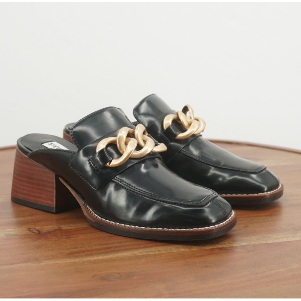 Steve Madden Womens Lorie Chain Mules Block Heel Black Faux Leather Size 6M